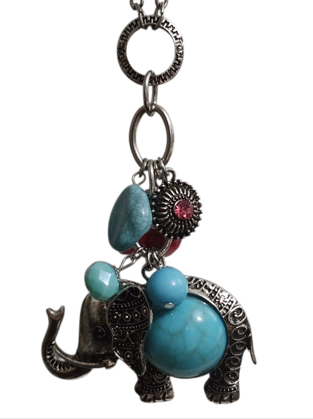 Ruby Rd Silvertone Turquoise Elephant Pendant Necklace with Blue Beads & Charms
